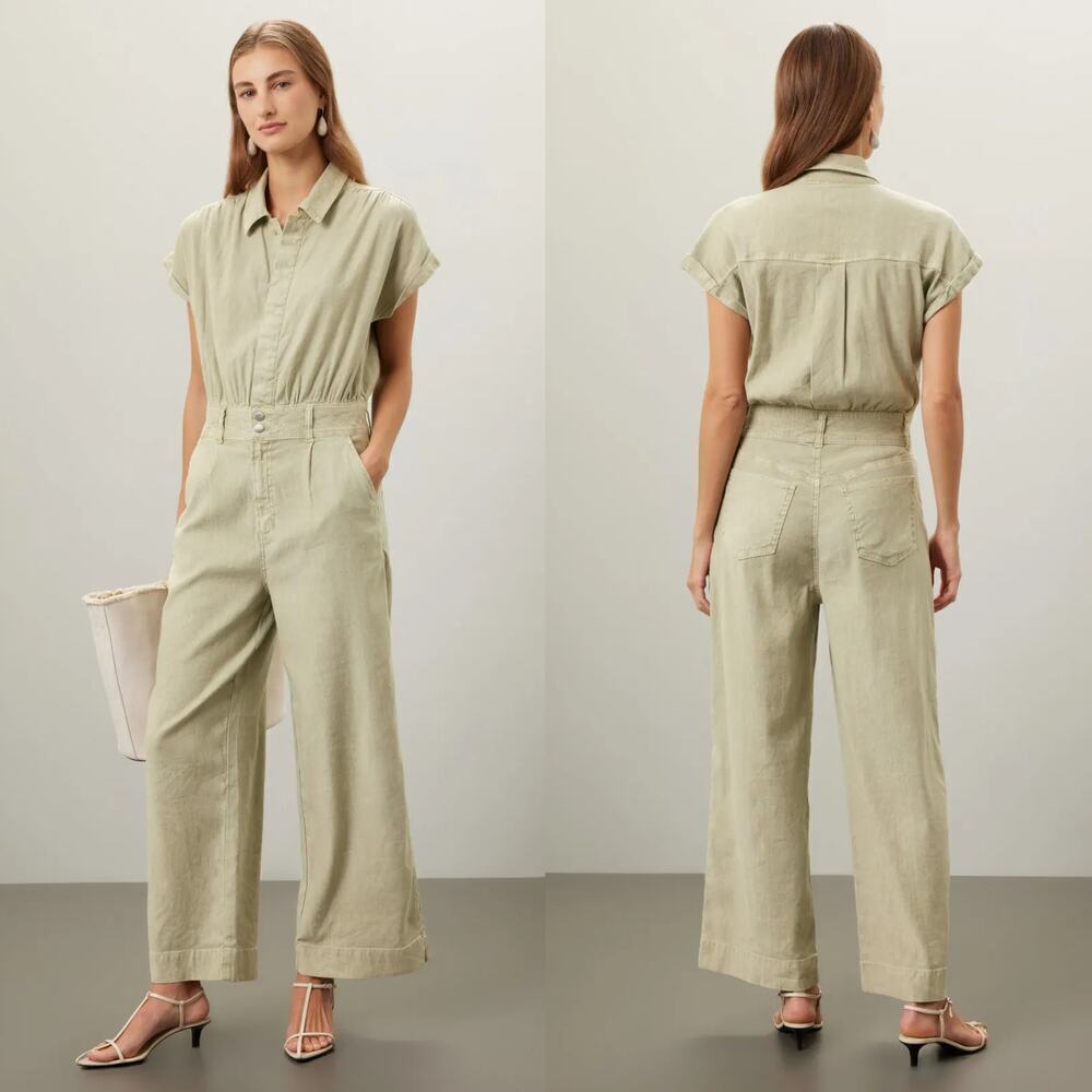 Joe's Jeans Lexi Jumpsuit Linen Blend Short Sleeve Collared Wide Leg Green XS